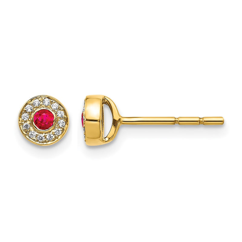 14k Yellow Gold Real Diamond and Ruby Halo Post Earrings