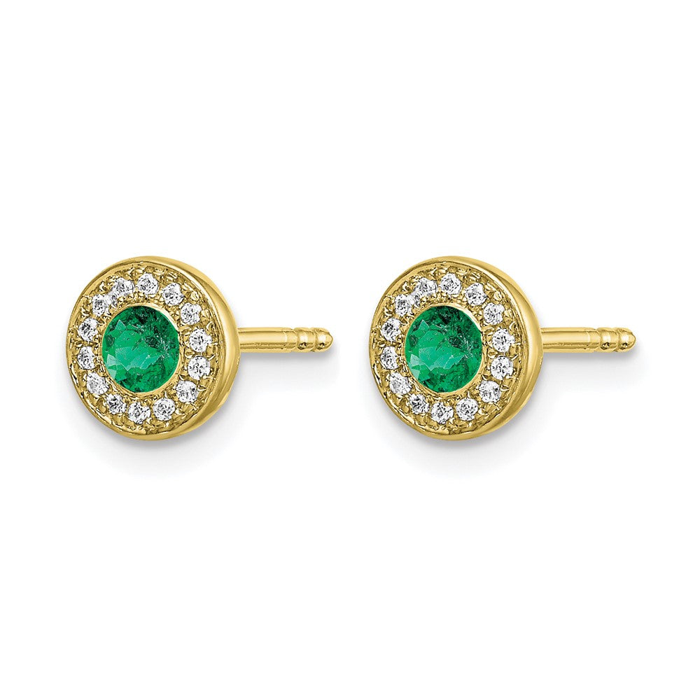 14k Yellow Gold Real Diamond and Emerald Halo Post Earrings