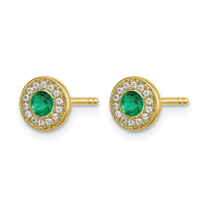 14k Yellow Gold Real Diamond and Emerald Halo Post Earrings