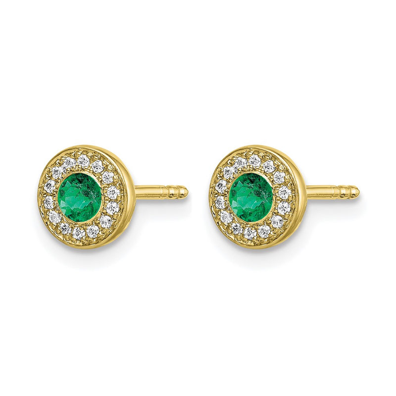 14k Yellow Gold Real Diamond and Emerald Halo Post Earrings
