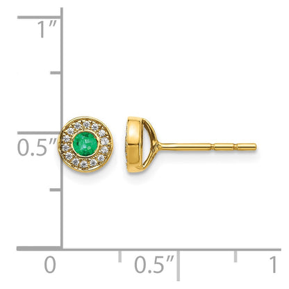 14k Yellow Gold Real Diamond and Emerald Halo Post Earrings