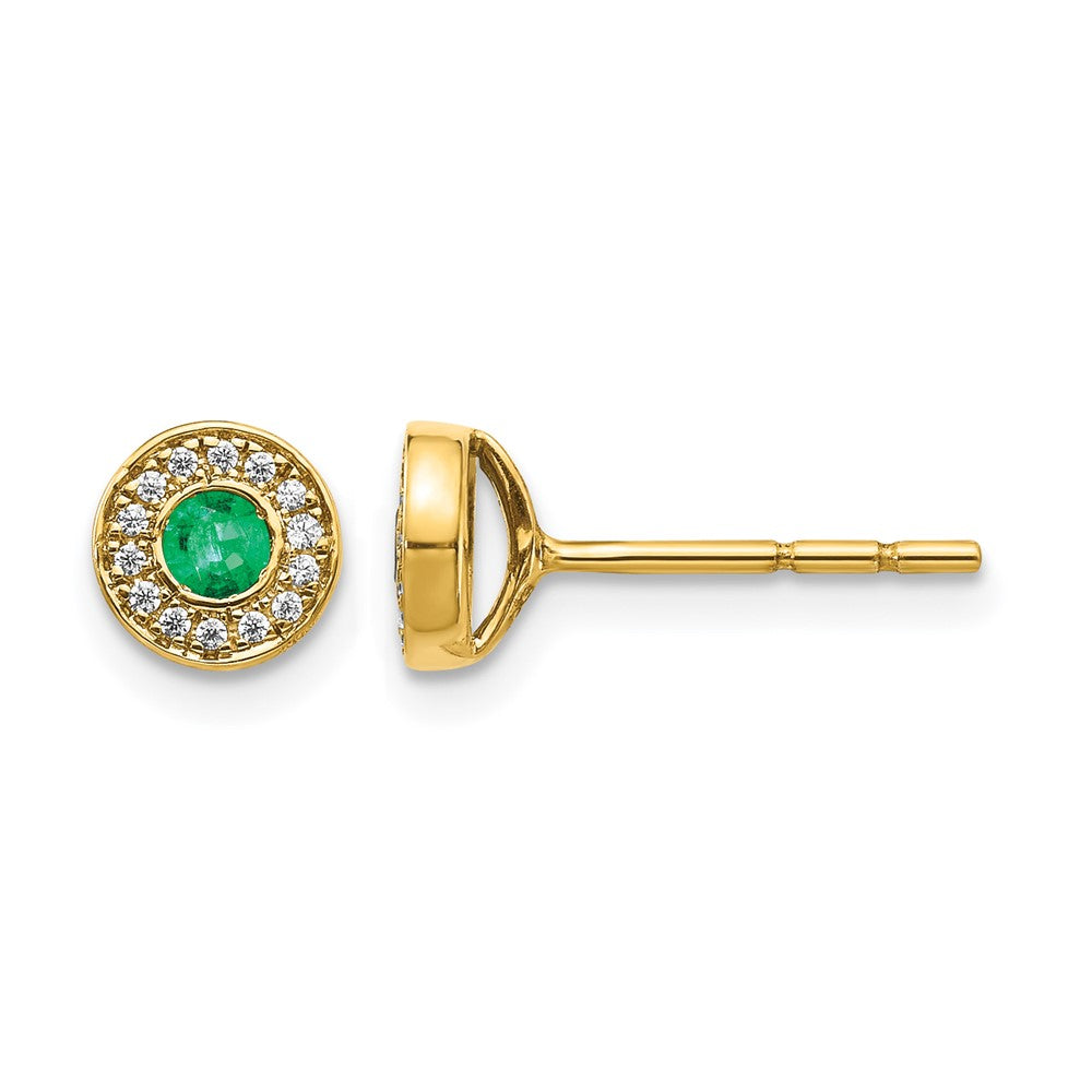 14k Yellow Gold Real Diamond and Emerald Halo Post Earrings