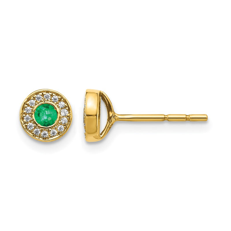 14k Yellow Gold Real Diamond and Emerald Halo Post Earrings