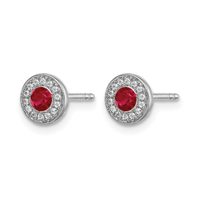 14k White Gold Real Diamond and Ruby Halo Post Earrings