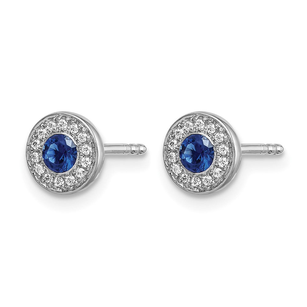 14k White Gold Real Diamond and Blue Sapphire Halo Post Earrings