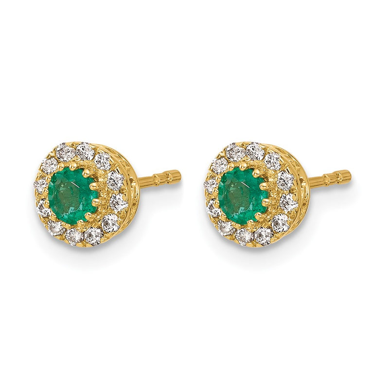 14k Yellow Gold Real Diamond and Emerald Halo Post Earrings
