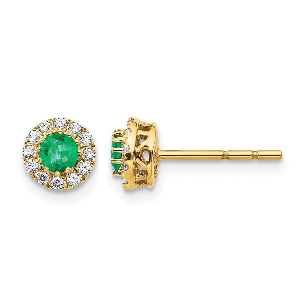 14k Yellow Gold Real Diamond and Emerald Halo Post Earrings
