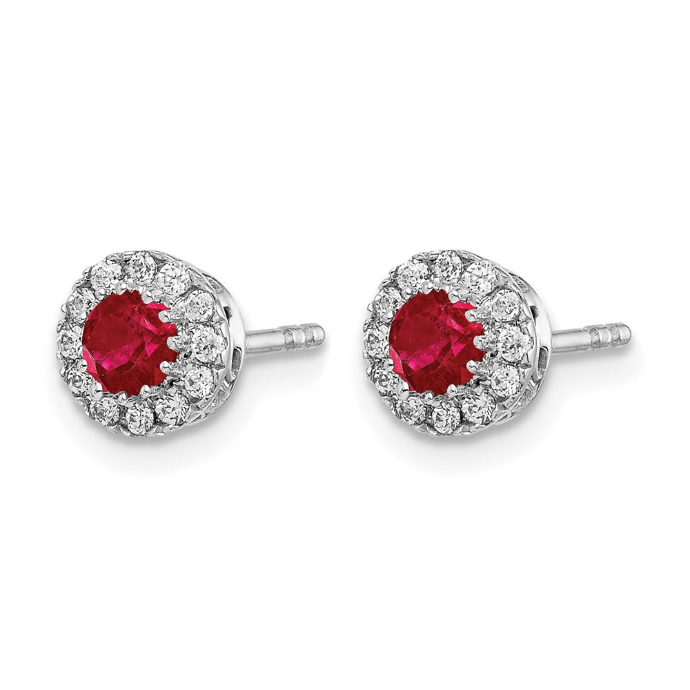 14k White Gold Real Diamond and Ruby Halo Post Earrings