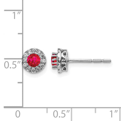 14k White Gold Real Diamond and Ruby Halo Post Earrings