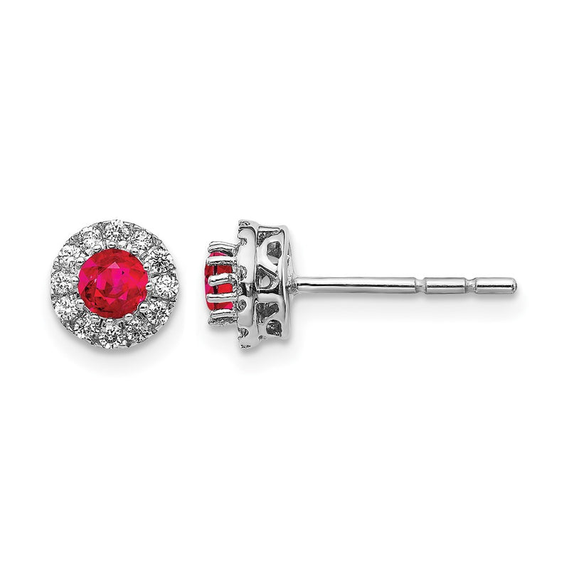 14k White Gold Real Diamond and Ruby Halo Post Earrings