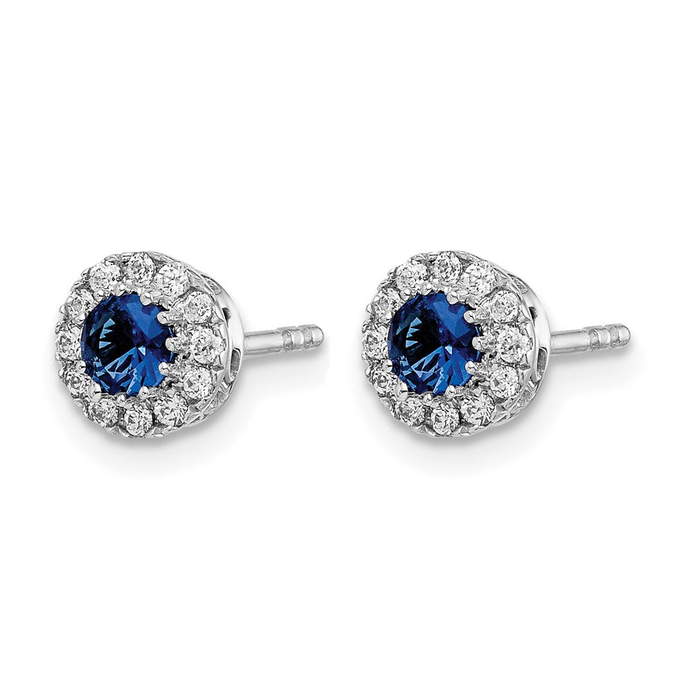 14k White Gold Real Diamond and Blue Sapphire Halo Post Earrings