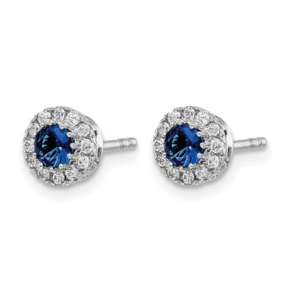14k White Gold Real Diamond and Blue Sapphire Halo Post Earrings