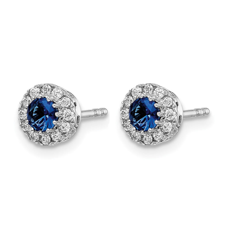14k White Gold Real Diamond and Blue Sapphire Halo Post Earrings