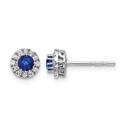14k White Gold Real Diamond and Blue Sapphire Halo Post Earrings