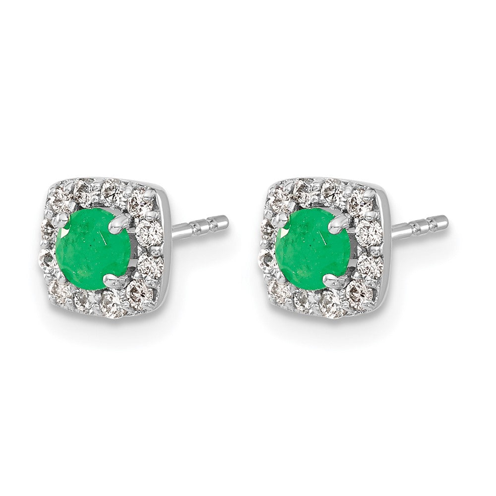 14k White Gold Real Diamond and Emerald Square Halo Earrings