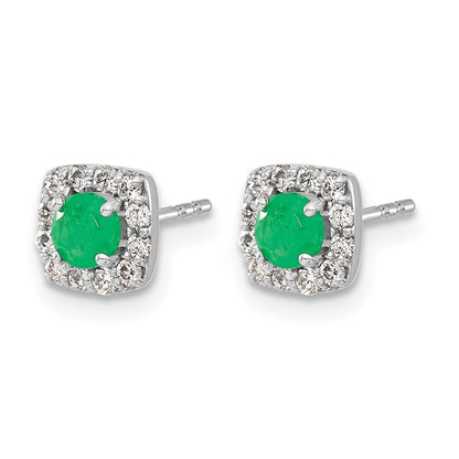 14k White Gold Real Diamond and Emerald Square Halo Earrings