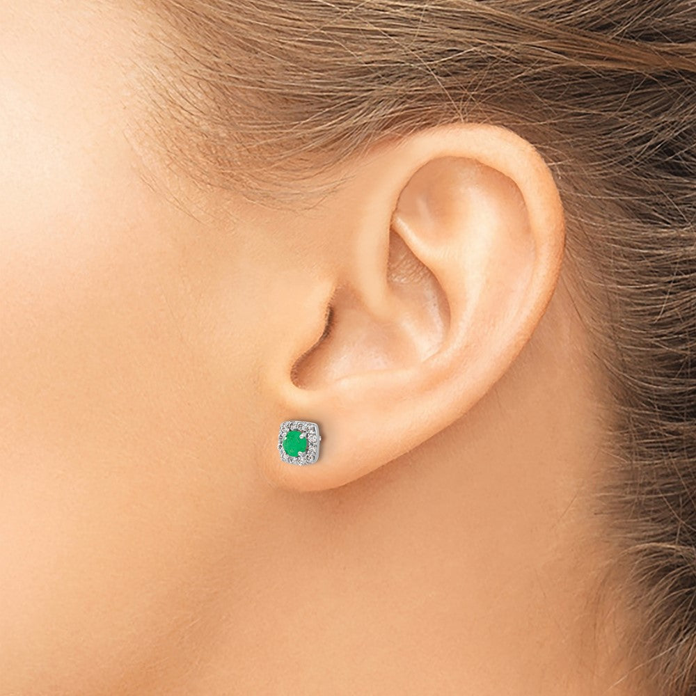 14k White Gold Real Diamond and Emerald Square Halo Earrings