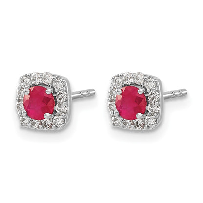 14k White Gold Real Diamond and Ruby Square Halo Earrings