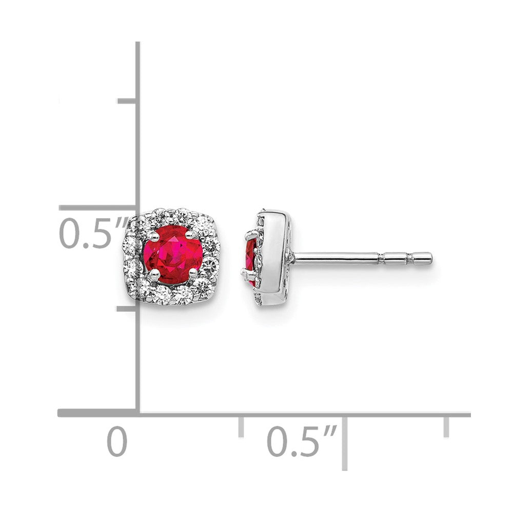 14k White Gold Real Diamond and Ruby Square Halo Earrings