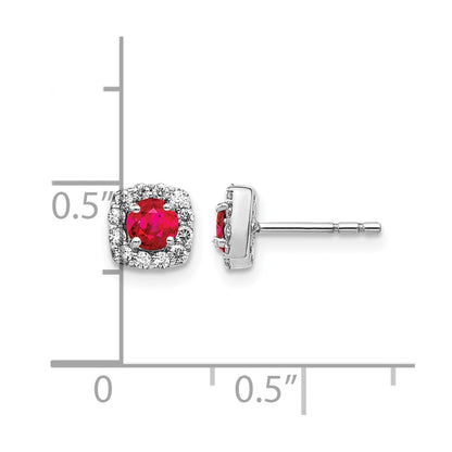14k White Gold Real Diamond and Ruby Square Halo Earrings