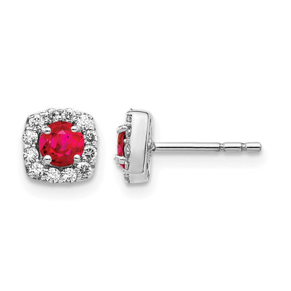 14k White Gold Real Diamond and Ruby Square Halo Earrings