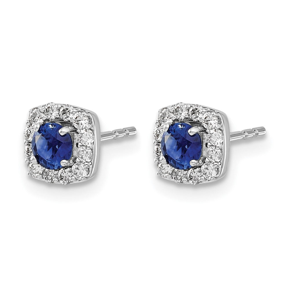 14k White Gold Real Diamond and Sapphire Square Halo Earrings