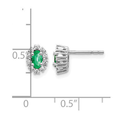 14k White Gold 1/5Ct Real Diamond and Emerald Oval Halo Earrings