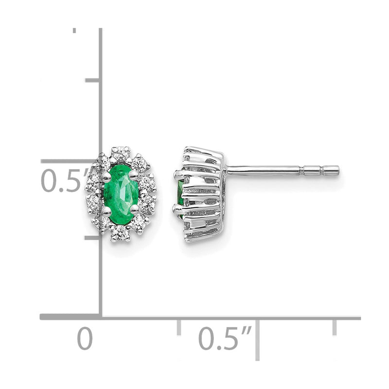 14k White Gold 1/5Ct Real Diamond and Emerald Oval Halo Earrings