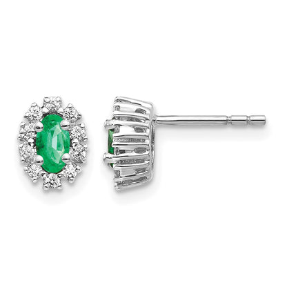 14k White Gold 1/5Ct Real Diamond and Emerald Oval Halo Earrings
