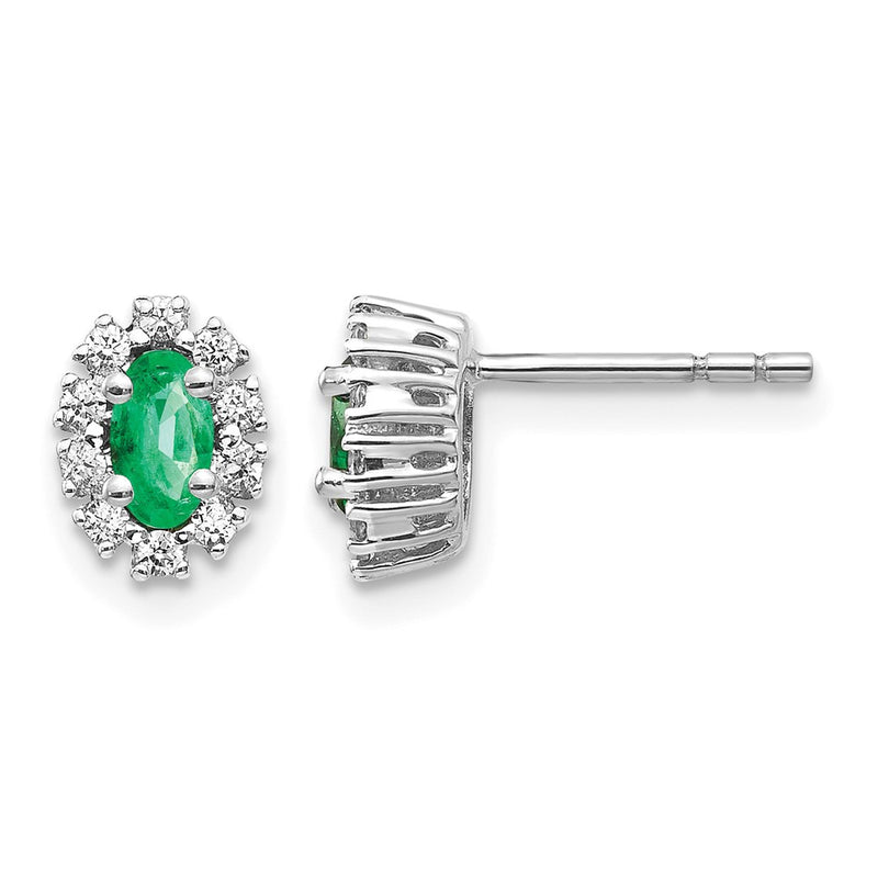 14k White Gold 1/5Ct Real Diamond and Emerald Oval Halo Earrings