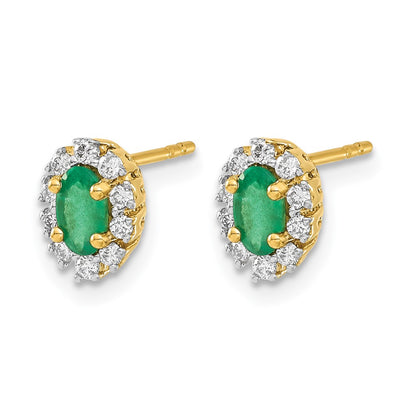 14k Yellow Gold 1/5Ct Real Diamond and Emerald Oval Halo Earrings