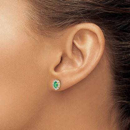 14k Yellow Gold 1/5Ct Real Diamond and Emerald Oval Halo Earrings