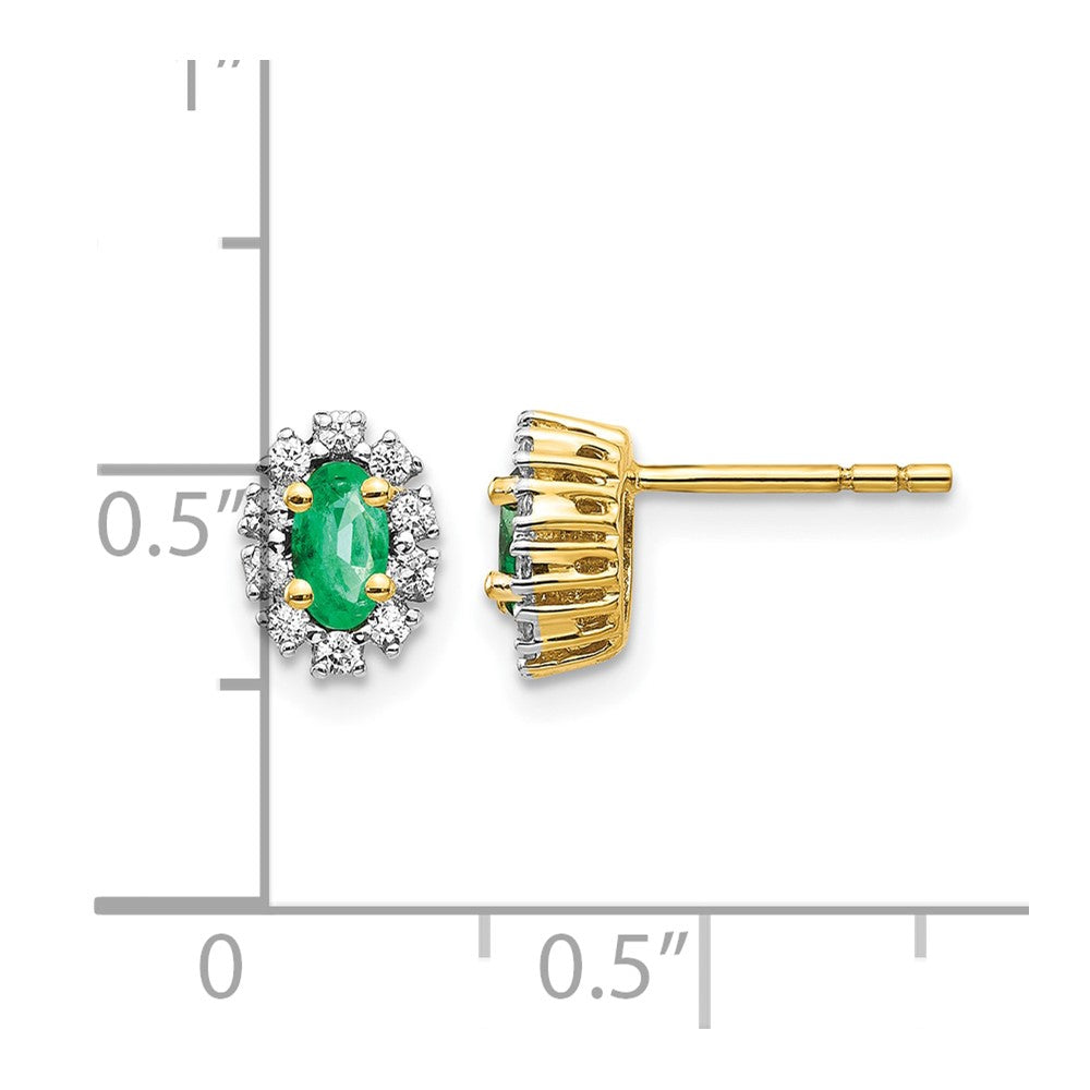 14k Yellow Gold 1/5Ct Real Diamond and Emerald Oval Halo Earrings