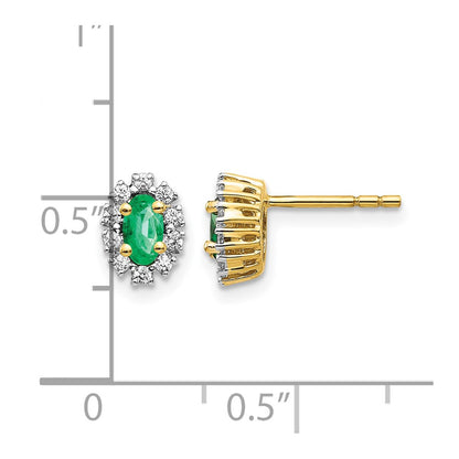 14k Yellow Gold 1/5Ct Real Diamond and Emerald Oval Halo Earrings