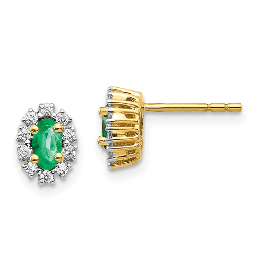 14k Yellow Gold 1/5 Ct. Lab Grown Diamond VS/SI+ G+ and Oval Created Emerald Halo Post Earrings