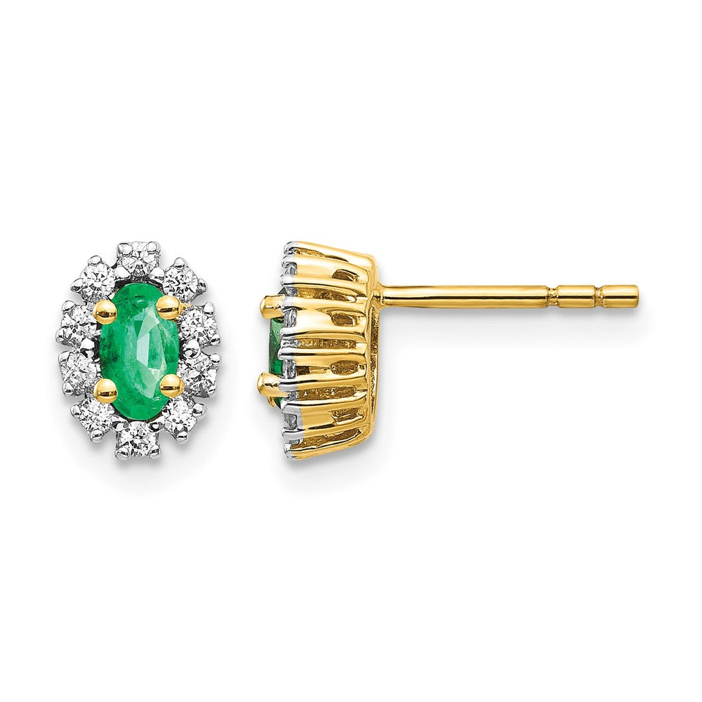14k Yellow Gold 1/5Ct Real Diamond and Emerald Oval Halo Earrings