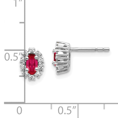 10K White Gold Diamond And Ruby Oval Halo Earrings