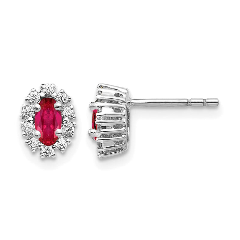 14k White Gold Real Diamond and Ruby Oval Halo Earrings