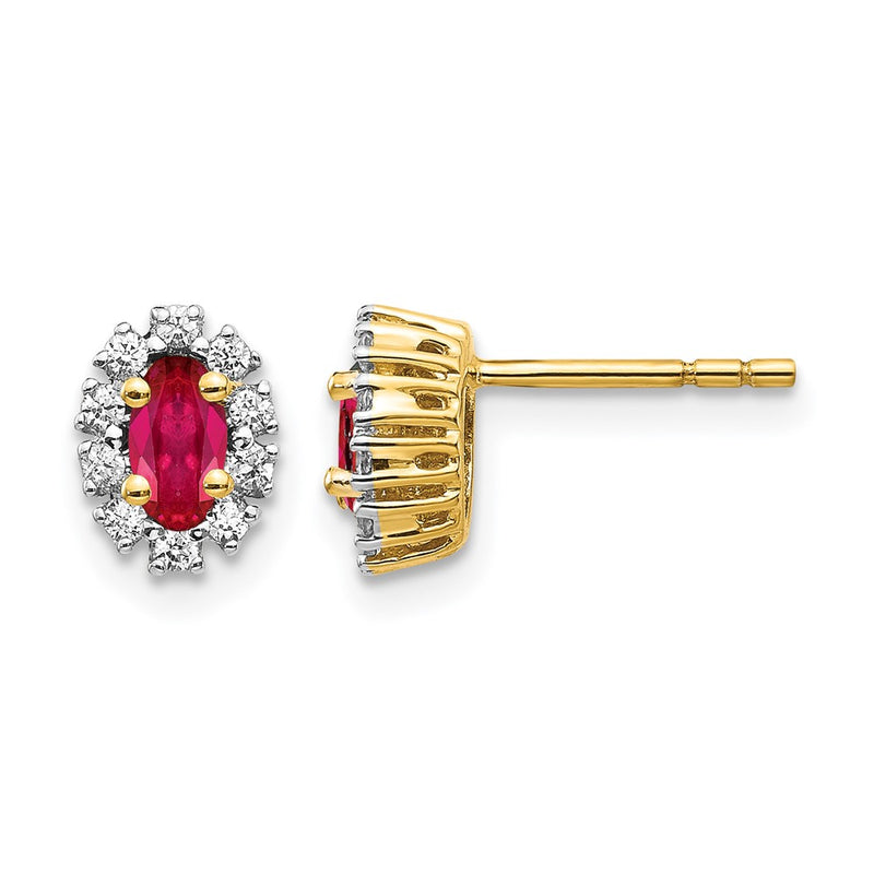 14k Yellow Gold Real Diamond and Ruby Oval Halo Earrings