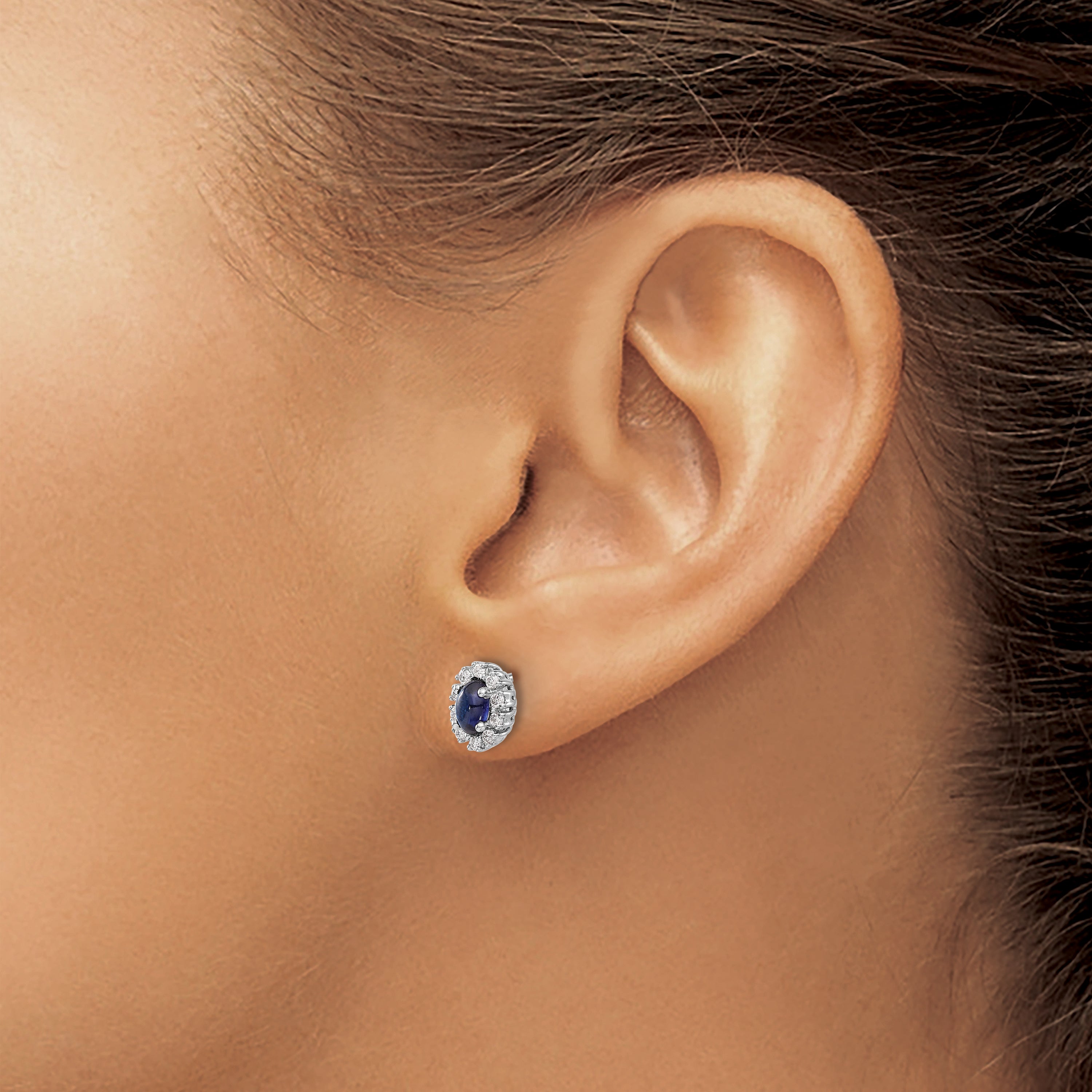 10K White Gold Diamond And Sapphire Oval Halo Earrings