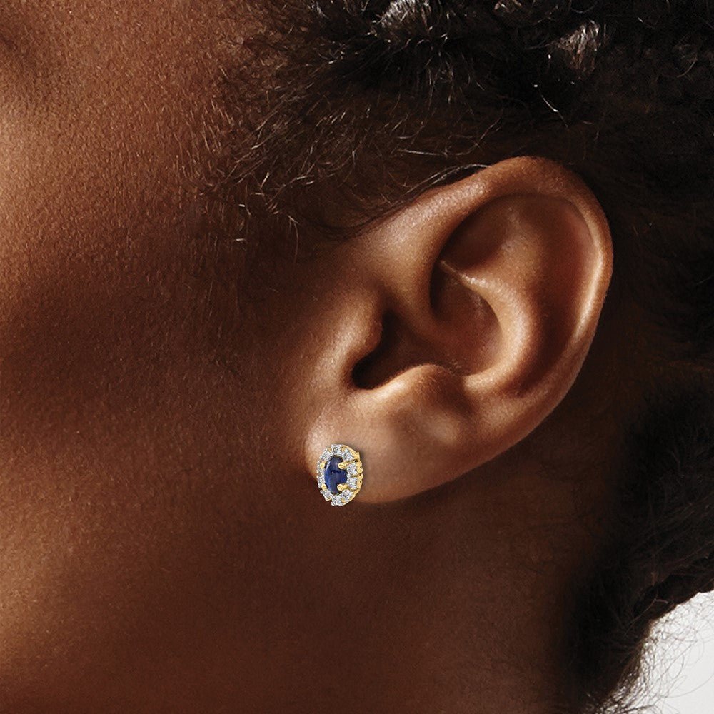 14k Yellow Gold Real Diamond and Sapphire Oval Halo Earrings