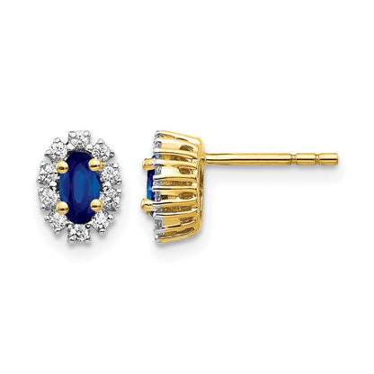 14k Yellow Gold Real Diamond and Sapphire Oval Halo Earrings