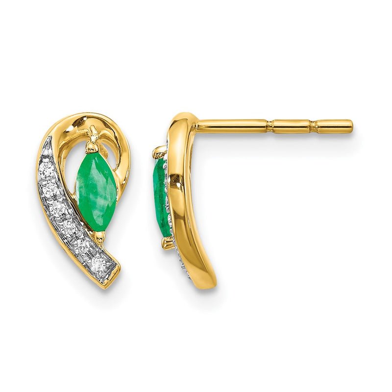 14k Yellow Gold 1/20Ct Real Diamond and Emerald Earrings