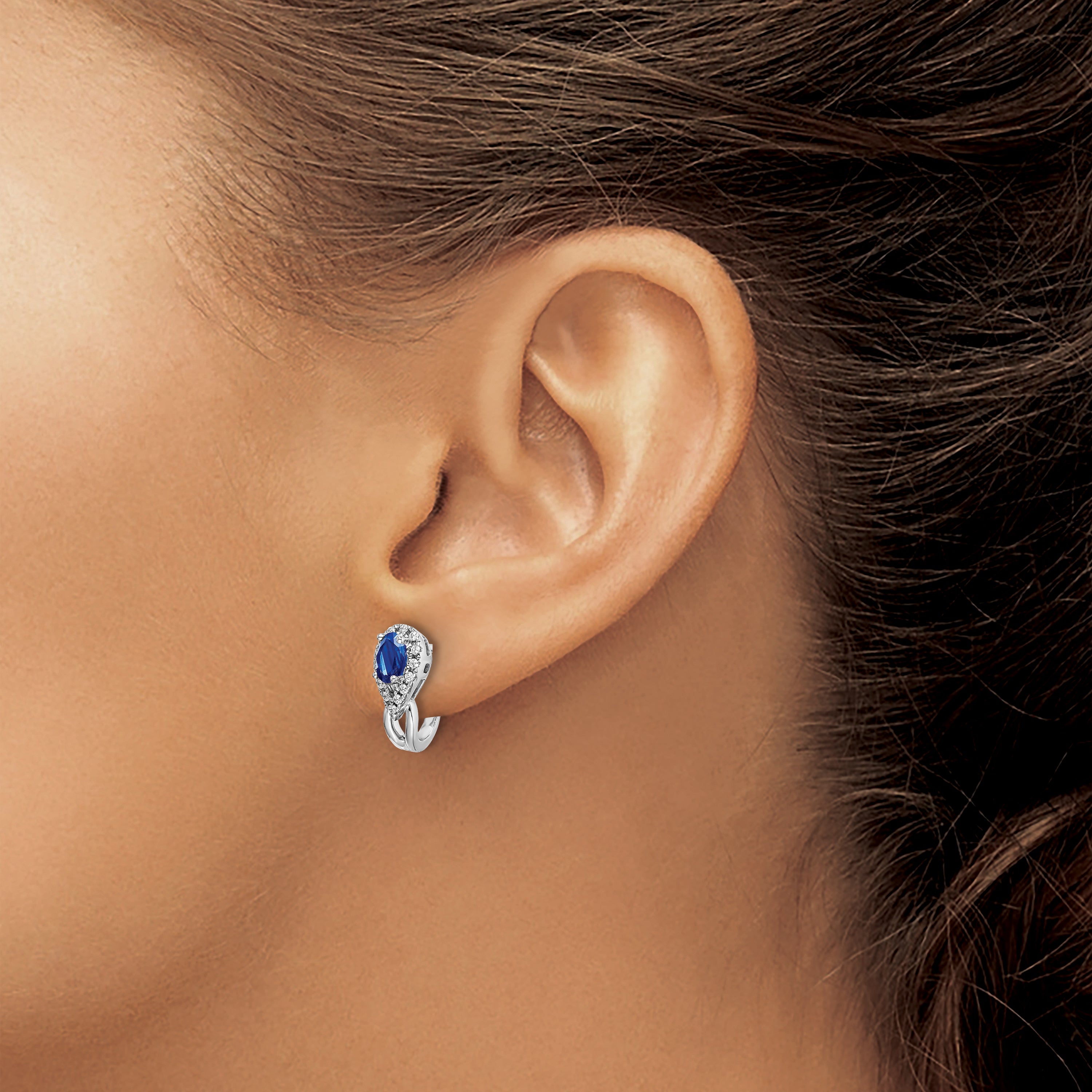 10K White Gold Diamond And Sapphire J Hoop Post Earrings