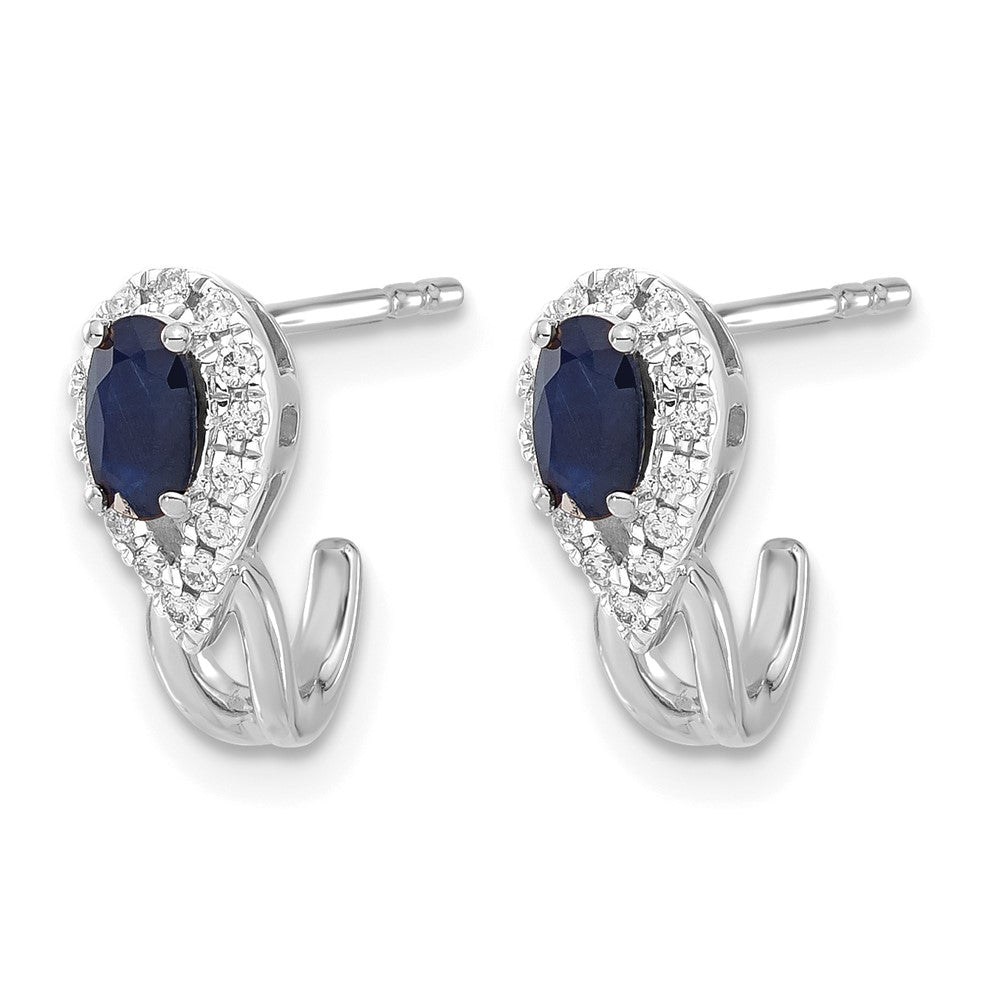 14k White Gold Real Diamond and Sapphire J Hoop Post Earrings