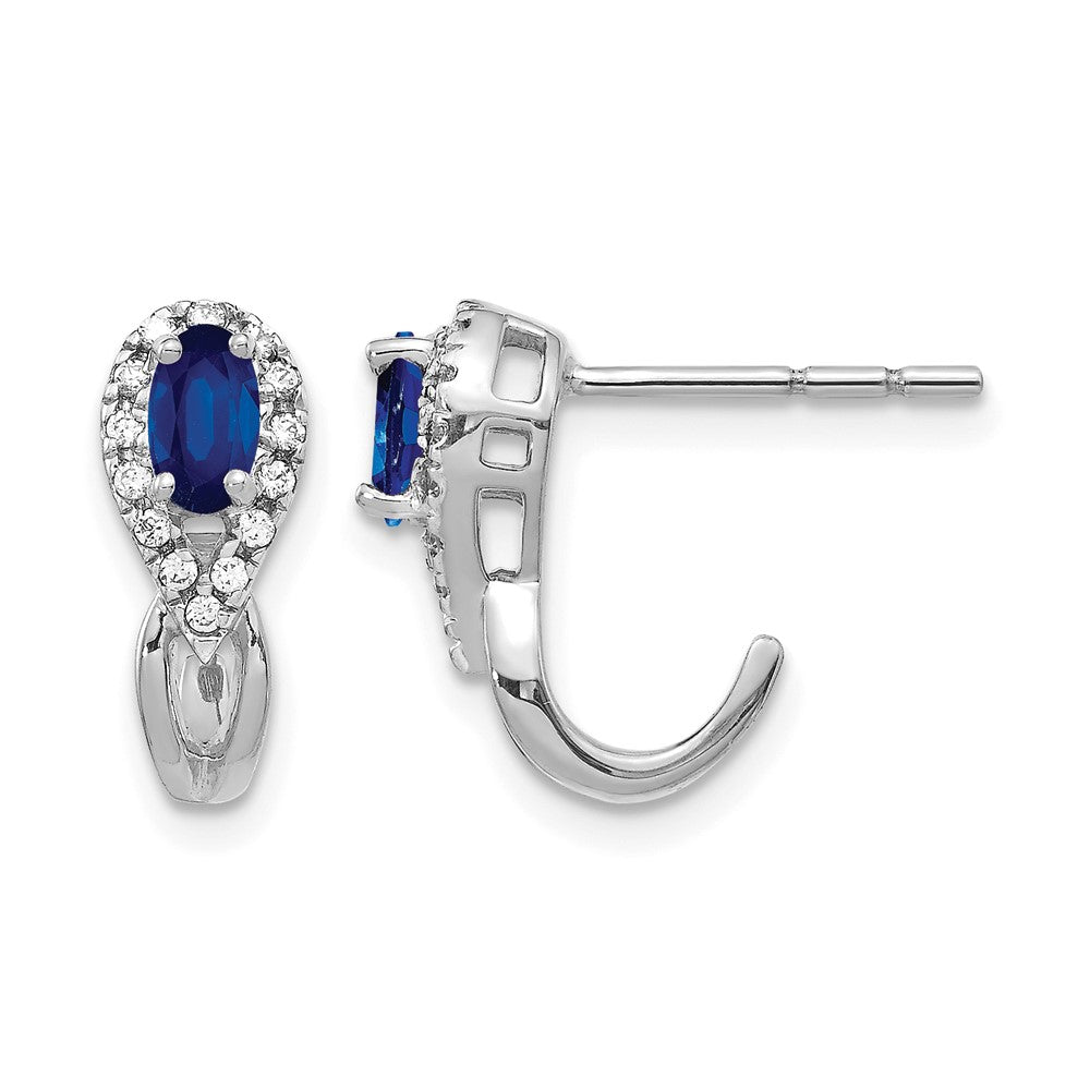 14k White Gold Real Diamond and Sapphire J Hoop Post Earrings