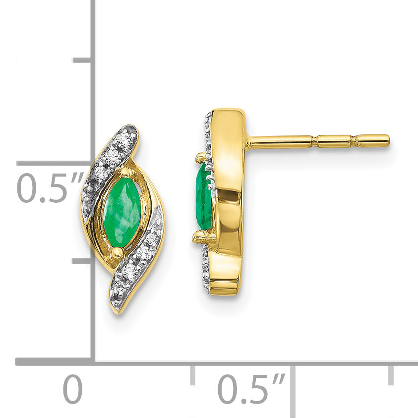 10K Yellow Gold 1/15Ct Diamond And Emerald Earrings