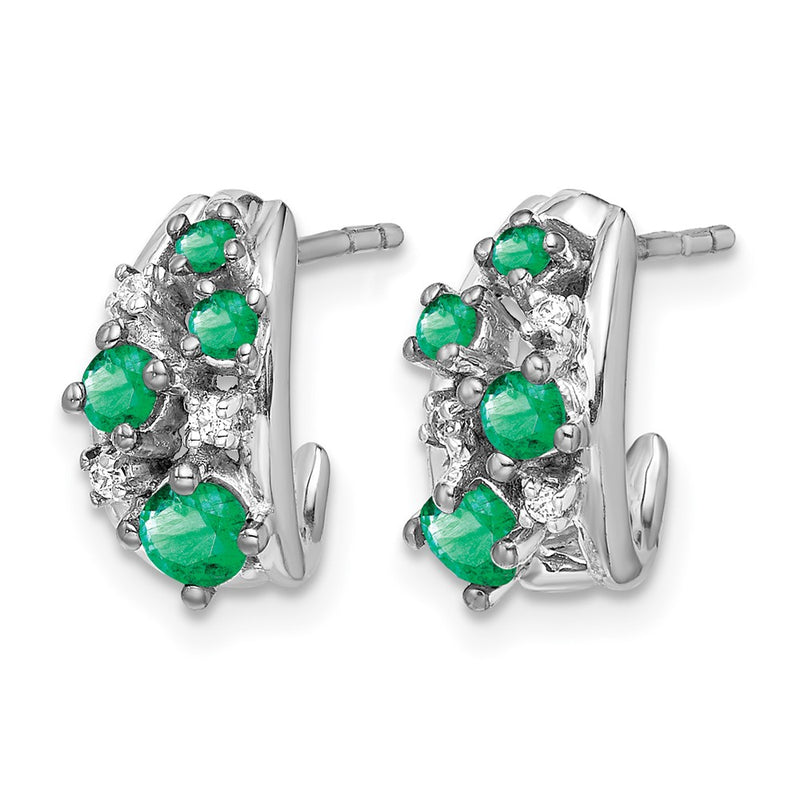 14k White Gold Real Diamond and Emerald Polished Post Hoop Earrings