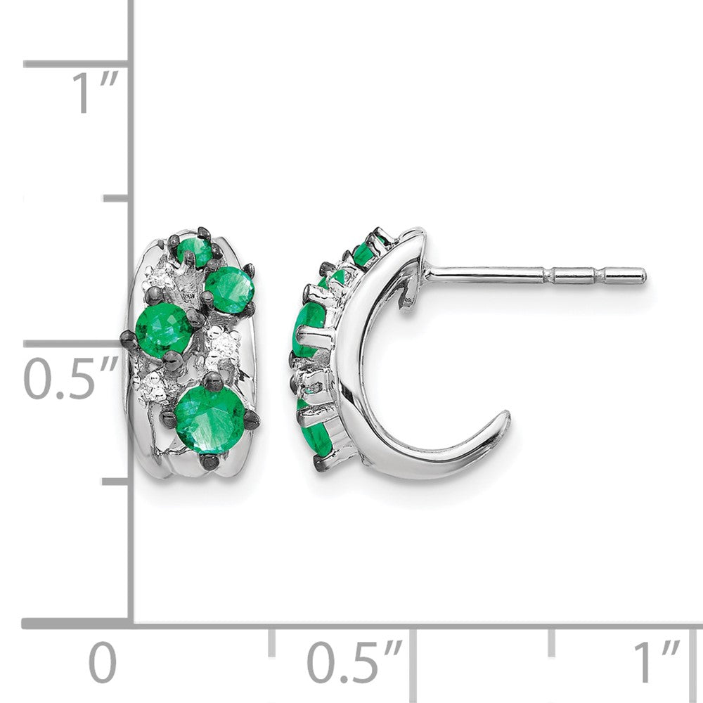 14k White Gold Real Diamond and Emerald Polished Post Hoop Earrings