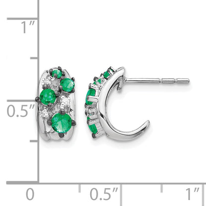 14k White Gold Real Diamond and Emerald Polished Post Hoop Earrings